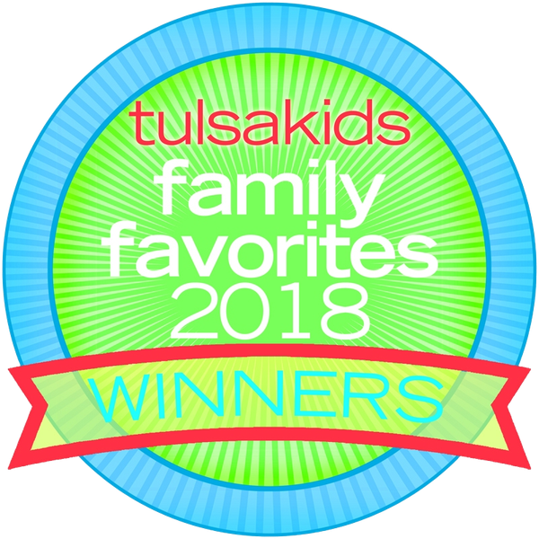 Tulsa Kids Family Favorites 2018 Winners award badge in blue and green.
