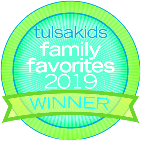Tulsa Kids Family Favorites 2019 Winner badge award seal in green and turquoise.