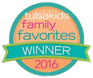 Tulsa Kids Family Favorites Winner 2016 award badge in teal and coral colors.