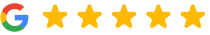 Google logo with five gold stars indicating a five-star customer review rating for Emerson Orthodontics.
