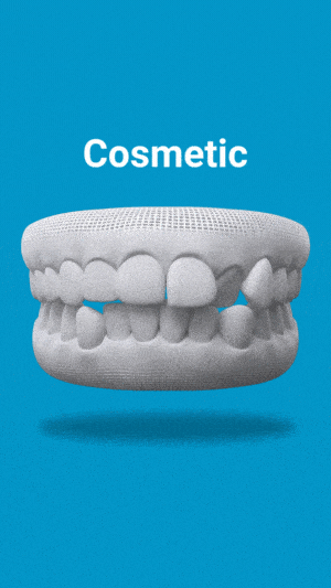 3D dental model showing teeth with cosmetic highlighting on blue background for orthodontics